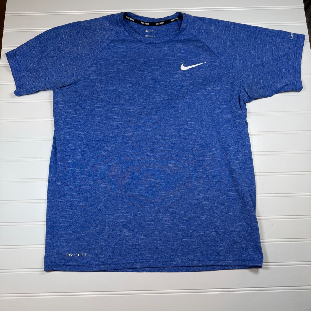 Nike Swim Dri-FIT Shirt Men Small Blue Heathered UPF 40+ Short Sleeve Rash Guard